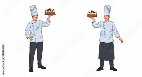 Two male chefs in uniform holding decorated cakes, ready to serve in a professional setting.