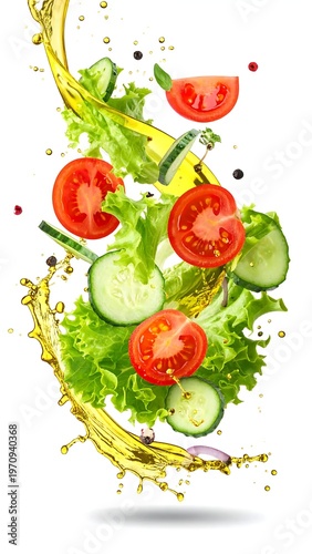 Fresh Salad Ingredients in Motion with Olive Oil Splash.