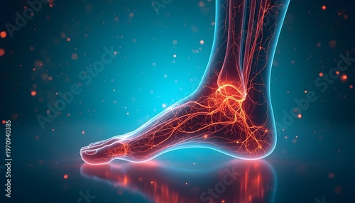 A medical illustration of a human ankle with highlighted nerves and blood vessels in a futuristic blue and red glow