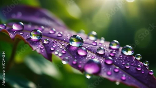 Extreme close-up of clear water droplets resting on a vibrant purple leaf surface with visible veins and soft green bokeh background during bright daylight environment.