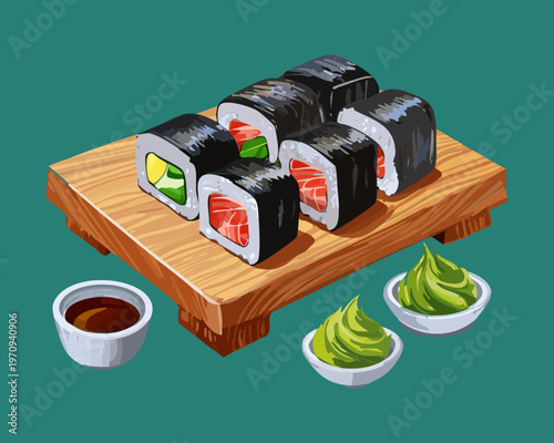Assorted sushi maki rolls on wooden platter with soy sauce and wasabi for japanese restaurant dining experience Vector Illustration
