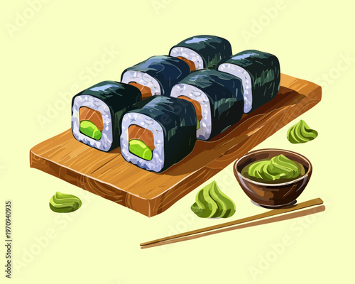 Set of black seaweed sushi maki rolls on wooden tray with wasabi and soy sauce for catering Vector Illustration