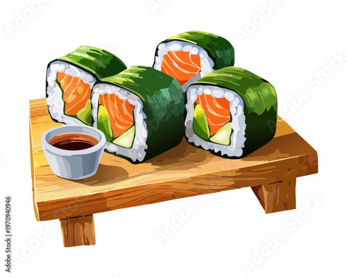 Assorted uramaki and maki sushi rolls on wooden tray with condiments for traditional japanese food service business Vector Illustration