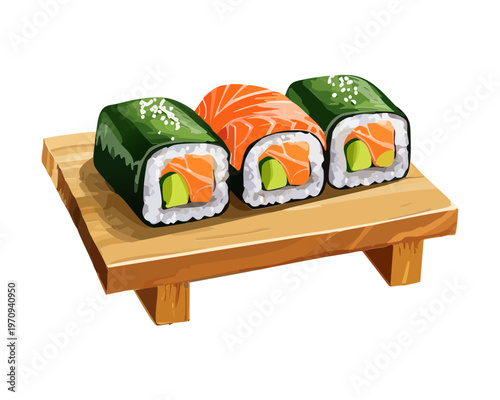 Colorful uramaki sushi rolls on wooden platter with ginger and wasabi for japanese restaurant menu and dining Vector Illustration