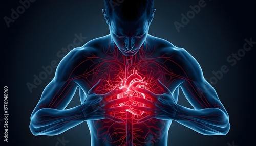 A muscular man clutching his illuminated heart with a glowing red cardiovascular system visible under his skin