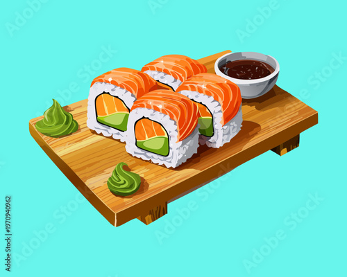 Fresh salmon uramaki sushi rolls on wooden platter with dipping sauce for healthy japanese seafood dining options Vector Illustration