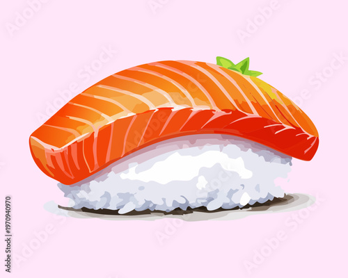 Delicious salmon sushi nigiri with fresh raw fish slice on seasoned rice for authentic japanese restaurant menu Vector Illustration
