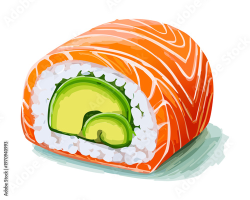 Salmon uramaki sushi roll with fresh cucumber and rice for healthy japanese seafood appetizer and menu design Vector Illustration
