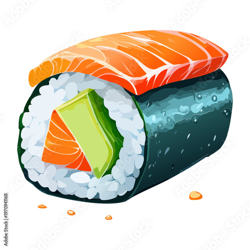 Healthy salmon uramaki sushi roll with green avocado for traditional japanese restaurant menu and professional culinary art Vector Illustration