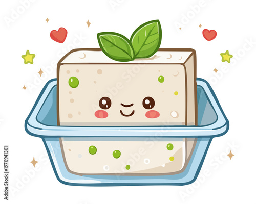 Cute character tofu block in plastic container for healthy vegan and vegetarian food product branding and marketing design Vector Illustration