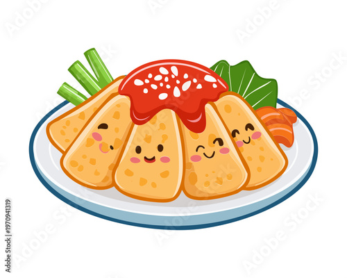 Fresh tofu cubes with vegetable garnish for healthy vegan and vegetarian meal options and traditional asian cuisine restaurant Vector Illustration