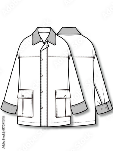 Women Utility Hunting Jacket Flat Sketch, Oversized Button Front Field Jacket Technical Drawing Front Back, Minimal Line Art Vector