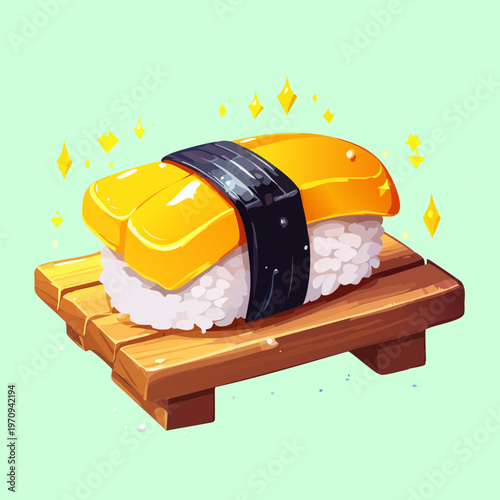 Japanese Tamago Egg Sushi Piece On Green Plate For Vegetarian Friendly Sushi Selection And Asian Cuisine - Vector Illustration