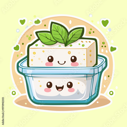 Cute Tofu Cubes Character In Glass Container With Green Herbs For Healthy Vegan Protein Cooking Concept - Vector Illustration