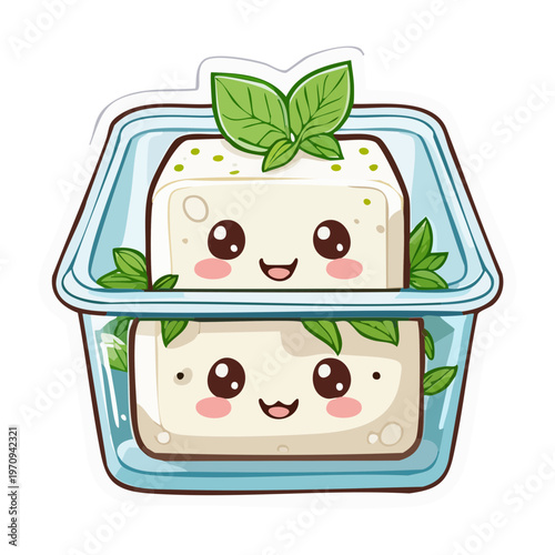 Fresh Tofu Blocks In Transparent Container With Basil Leaves For Vegetarian Diet And Grocery Shopping Illustration - Vector Illustration