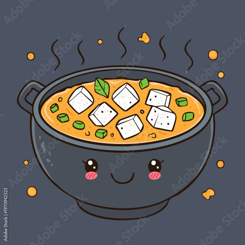 Hot Miso Soup With Tofu Character In Boiling Pot For Warm Traditional Japanese Breakfast And Meal - Vector Illustration