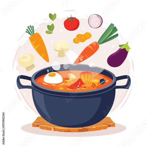 Boiling Vegetable Stew Pot With Carrots And Mushrooms For Healthy Vegan Meal Preparation And Nutrition Design - Vector Illustration