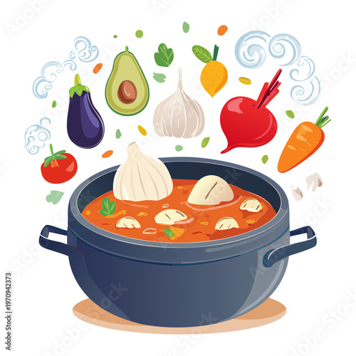 Healthy Fresh Vegetable Stew With Beetroot And Garlic In Boiling Pot For Balanced Vegan Diet Concept - Vector Illustration