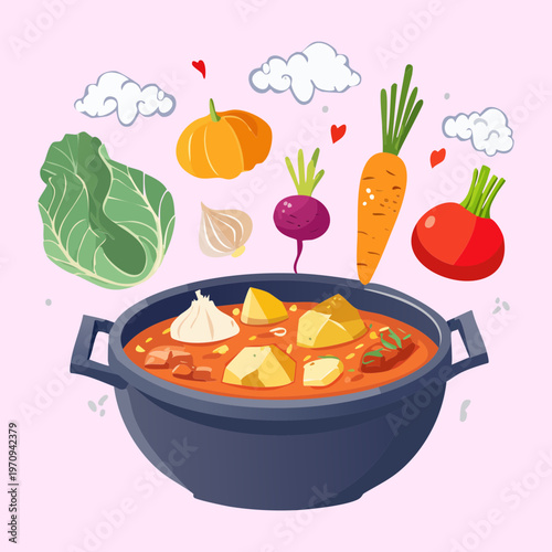Nutritious Vegetable Soup Pot With Potato And Celery For Healthy Lifestyle And Organic Cooking Class Illustration - Vector Illustration