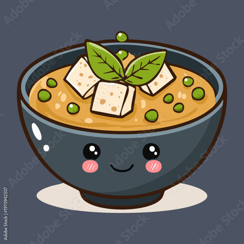 Smiling Miso Soup Bowl Character With Tofu For Traditional Japanese Breakfast And Healthy Nutritious Dining Experience - Vector Illustration