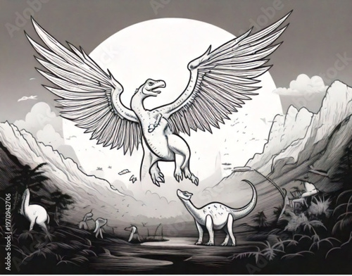 Mythical Griffin Bird Creature and Dinosaurs in Ancient Landscape.