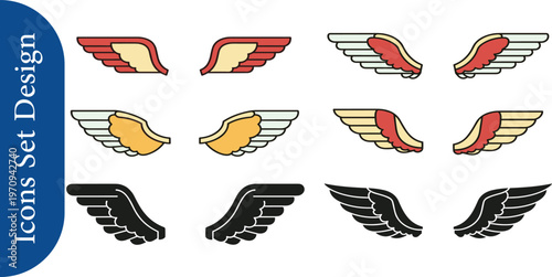 Versatile Collection of Stylized Wing Icons and Graphic Elements in Different Colors and Designs for Creative Projects and Decorative Art