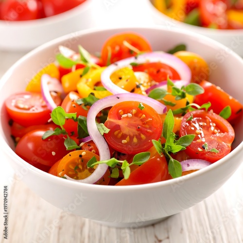 Fresh Tomato Salad with Red Onion and Herbs in Bowl.