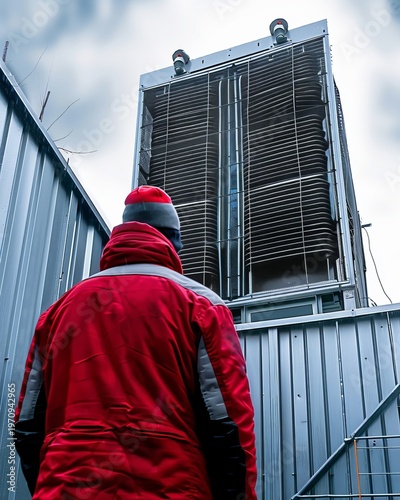 Engineer evaluating water cooling tower and air chiller hvac system in industrial facility