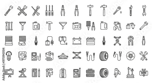 Collection of Hand-Drawn Icons Representing Tools and Equipment.