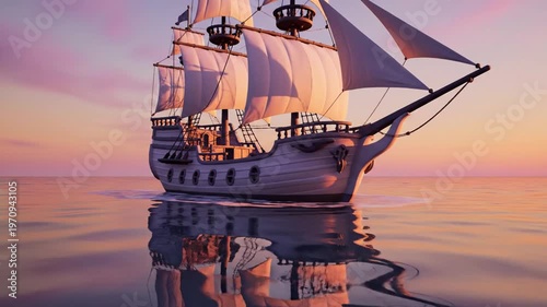 3D Render of a Majestic Sailing Ship on Calm Sunset Waters