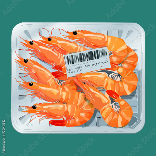 Fresh whole raw shrimp prawns in supermarket plastic tray packaging with barcode for seafood market retail display - Vector Illustration