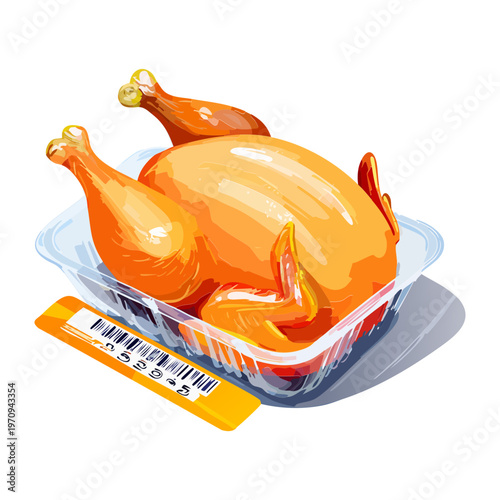 Whole raw chicken poultry in plastic supermarket tray packaging with price tag barcode for grocery retail sale - Vector Illustration