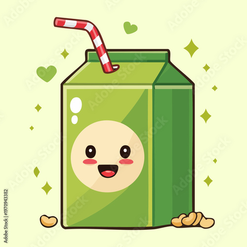 Cute green juice box character with soy beans and straw smiling happily in flat cartoon mascot style - Vector Illustration