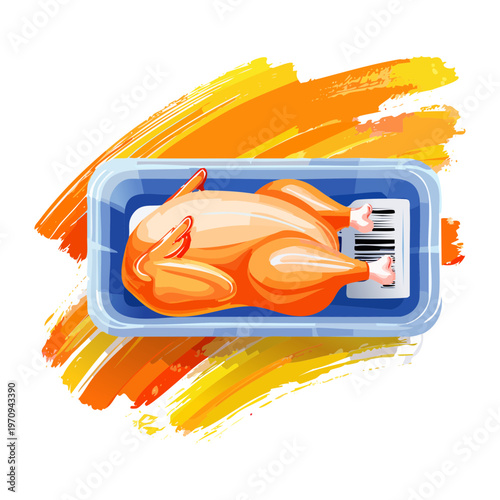 Prepared raw whole chicken in plastic supermarket tray with barcode sticker for grocery retail poultry meat department - Vector Illustration