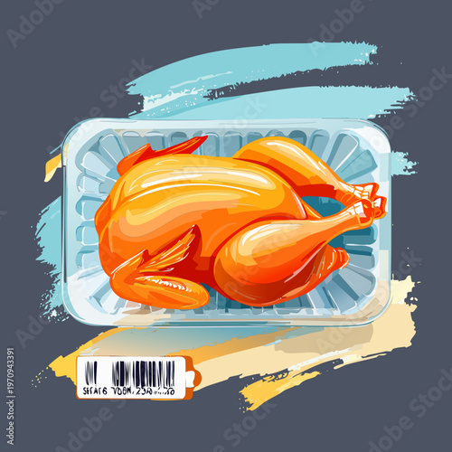 Fresh raw whole chicken in transparent plastic packaging tray with barcode label for supermarket poultry section display - Vector Illustration