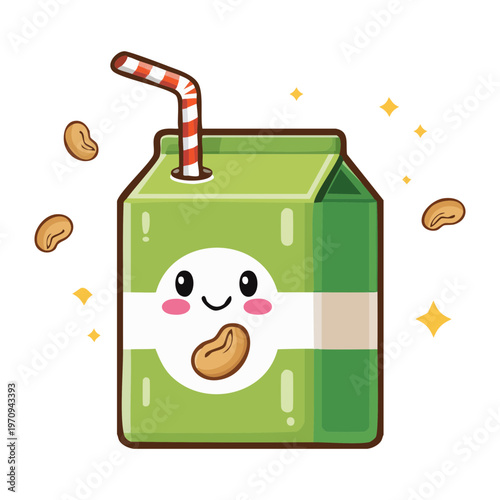 Adorable green soy milk carton character with happy face and straw for healthy drink mascot design concept - Vector Illustration