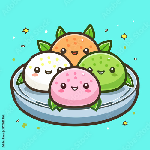 Adorable colorful dango rice cake balls on a plate with happy faces for japanese dessert mascot design - Vector Illustration