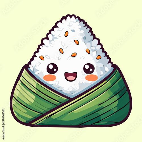 Cute onigiri rice ball character wrapped in seaweed with happy face in flat kawaii cartoon art style - Vector Illustration