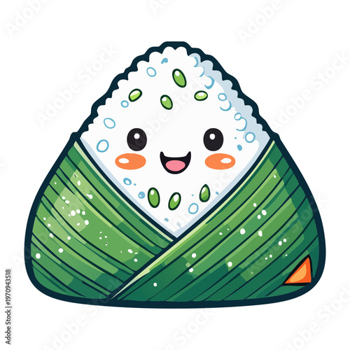 Kawaii triangular onigiri rice ball character with seaweed and happy expression for japanese snack branding design - Vector Illustration