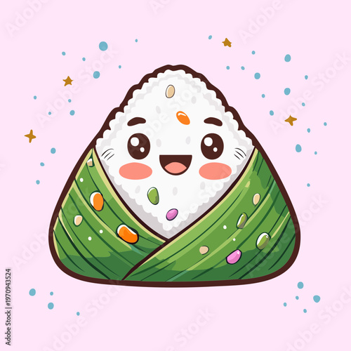 Smiling onigiri rice ball character with seaweed and cute face in flat kawaii cartoon illustration art style - Vector Illustration