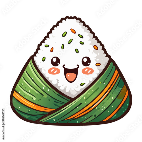 Adorable triangular onigiri rice ball with seaweed wrap and smiling face for japanese food mascot design concept - Vector Illustration