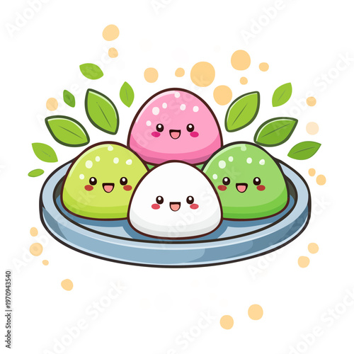 Three colorful dango mochi rice balls on a plate with cute smiling faces in flat kawaii style - Vector Illustration