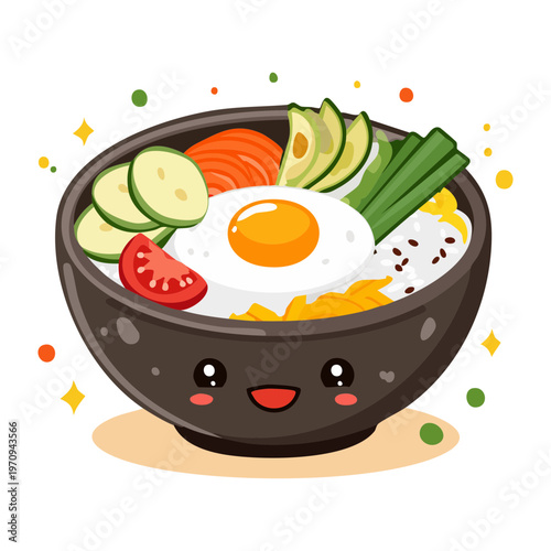 Cute noodle bowl character with egg and greens for japanese ramen restaurant mascot branding design concept - Vector Illustration