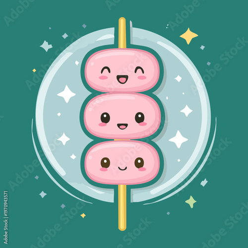 Adorable pink dango rice cake balls on a stick with happy faces for japanese sweet mascot design - Vector Illustration