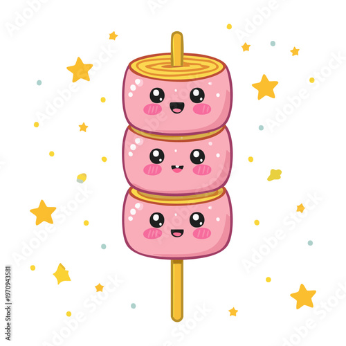 Three cute pink dango mochi balls on a skewer with smiling faces in flat kawaii style - Vector Illustration