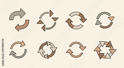 Collection of circular arrow icons in earthy tones representing refresh, cycle, and loop concepts