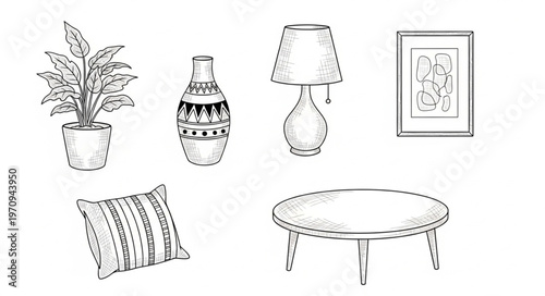 Collection of Hand-Drawn Home Decor Objects.