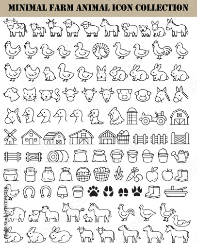 Farm Animal Minimal Line Icons Set – Livestock, Barn, Agriculture Outline Vector Collection