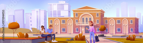 University campus or library facade with students