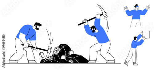 Teamwork concept. Workers collaborating to break rocks with tools and raise a sign. Teamwork enhances efficiency and strengthens problem-solving. For projects, collaboration, labor, effort